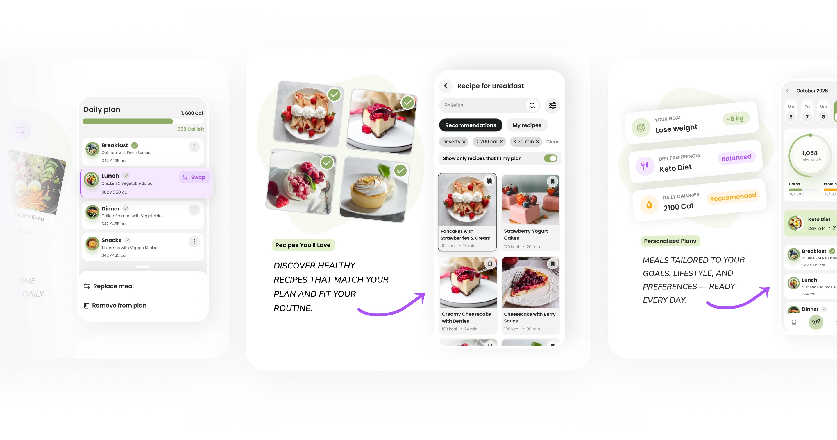 Three app screens: swapping meals in a daily plan, browsing recipes that match your plan, and setting personalised goals.