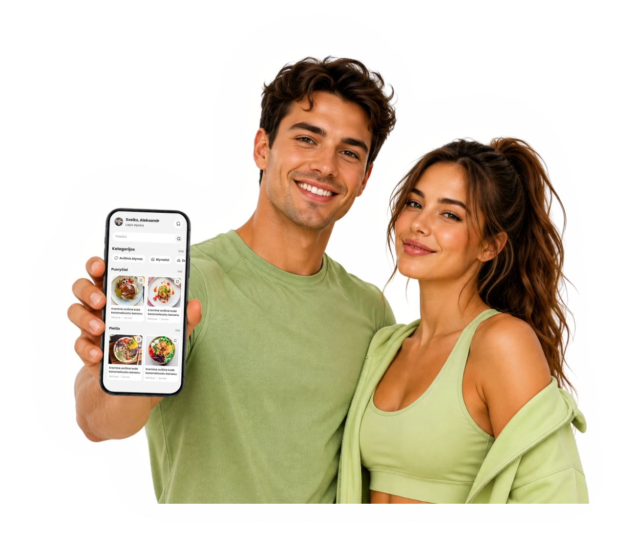 Two people smiling and holding up a phone showing the app.