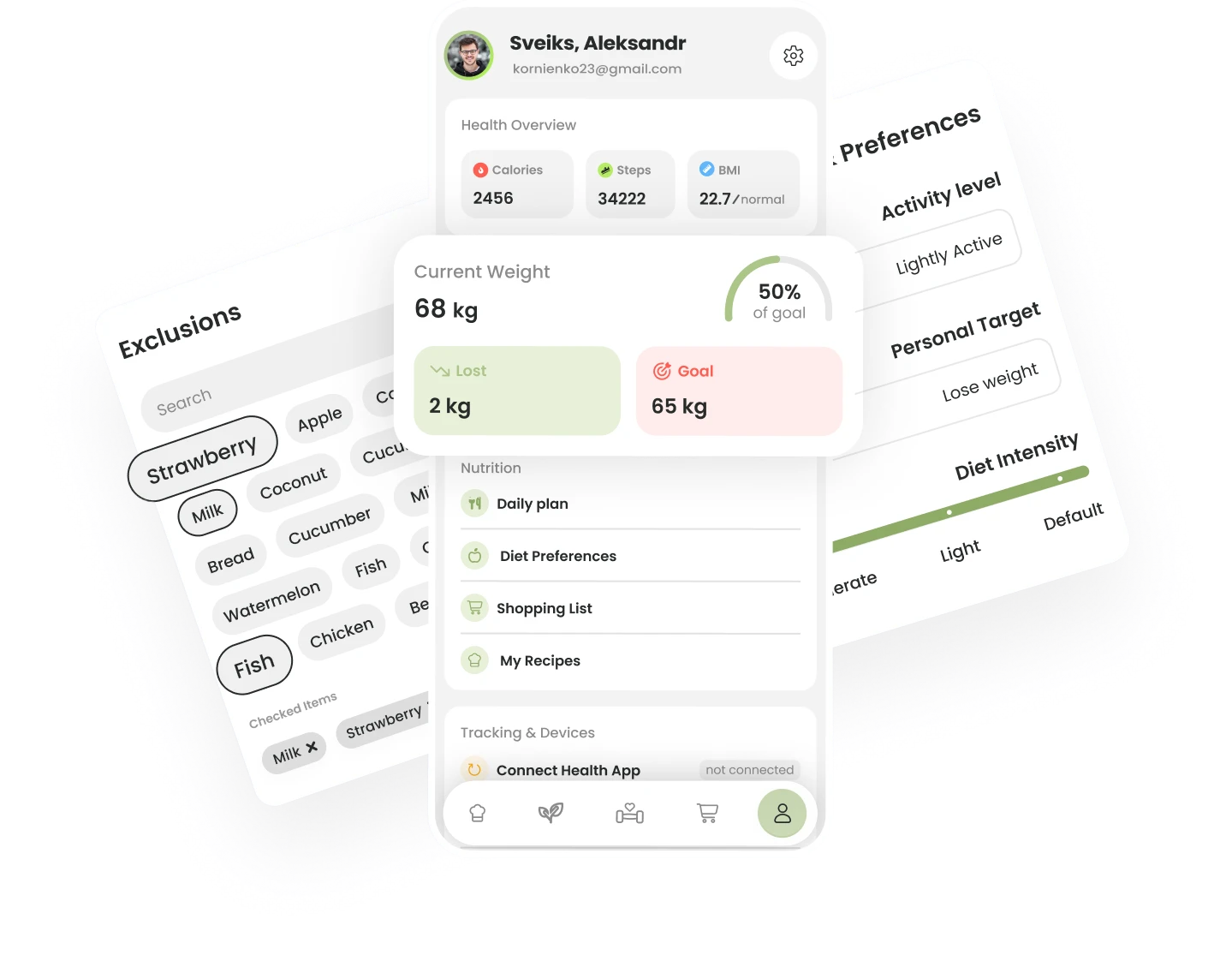 App screens for health overview, current weight, diet preferences and food exclusions.