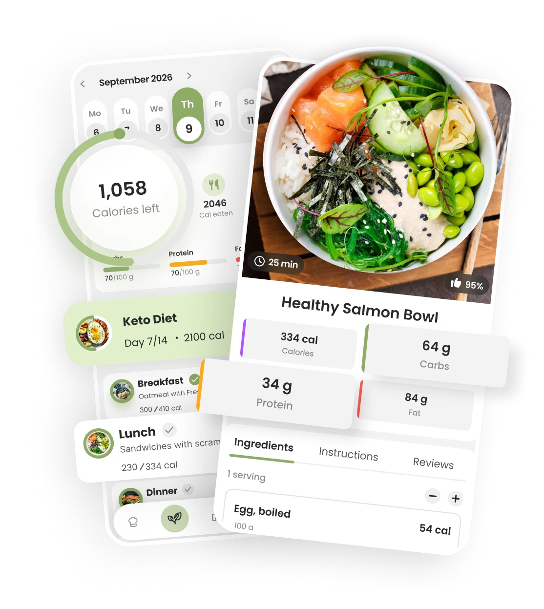The myplate app showing a daily meal plan, recipe search and nutrition goals.