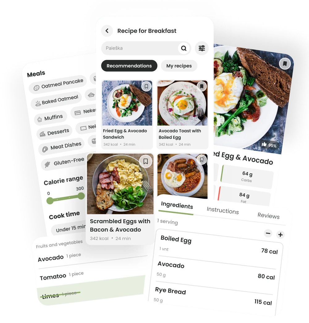 Recipe browsing, filtering and an ingredient list inside the app.